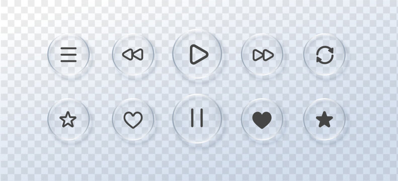 Set Glass play liquid and button glassmorphism bubble with player effect music. Heart icon symbol and glass shape video with texture set play. Application glass graphic and rectangle button vector.