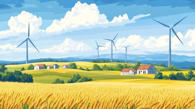 Rural vector panorama showing several windmills beside a field of ripening wheat, tiny cottages dotting rolling terrain, oversaturated colors for dramatic effect