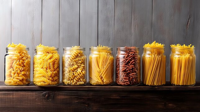 Banner layout of assorted raw pasta like penne, spaghetti, fusilli displayed in transparent glass jars lined up on a rustic wooden table against a white wall