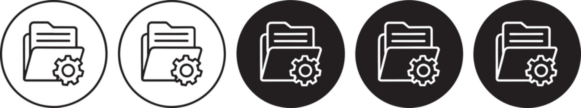 A set of five showing a folder with a gear symbol, presented in both outline and solid fill styles within circular frames on a white and black