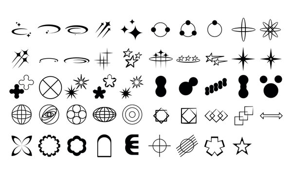 Y2k Design aesthetic element, Vector set of different black sparkles icons. symbol for retro  futuristic icon use for web and element design poster, nostalgic 90s.