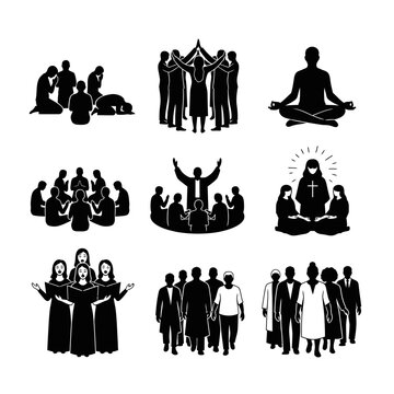 Diverse Group Religious Worship and Meditation Silhouettes