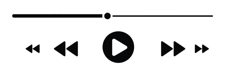 minimalistic media player interface with playback icons shuffle, rewind, play, fast forward, repeat, and a progress bar with a draggable indicator, designed as a clean vector  © WelcomeJune