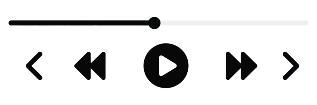 minimalistic media player interface with playback icons shuffle, rewind, play, fast forward, repeat, and a progress bar with a draggable indicator, designed as a clean vector 