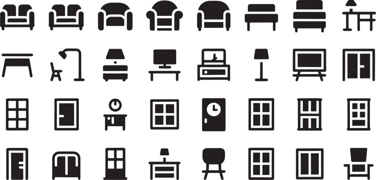 Assortment of thirty furniture and home interior in four rows on a white background representing home decor and living spaces Keywords: furniture
