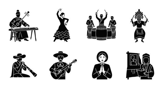 Diverse Cultural Performers: Musicians, Dancers, and Traditional Figures