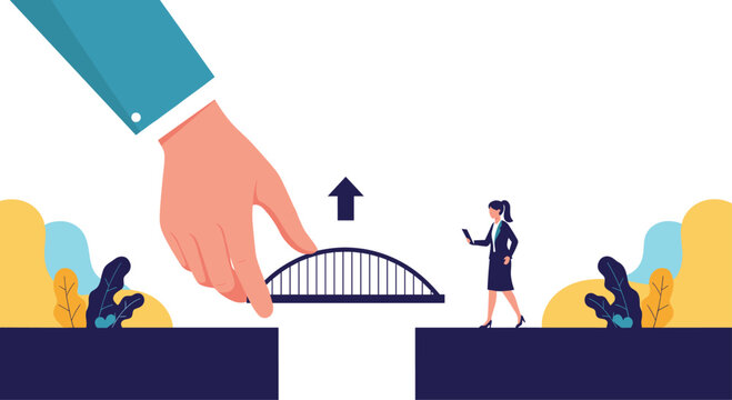 Large human hand placing a metal bridge across a gap between two cliffs to help a businesswoman cross safely as she walks forward.