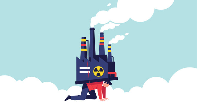 Man kneeling while carrying a large heavy factory with smoking chimneys and a radioactive symbol on his back as a heavy burden.
