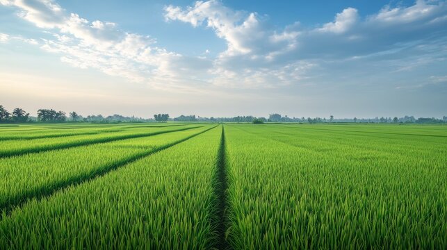 Peaceful rice farming field with vivid green crops under a cloudless sky, perfect symmetry stretching toward a misty horizon