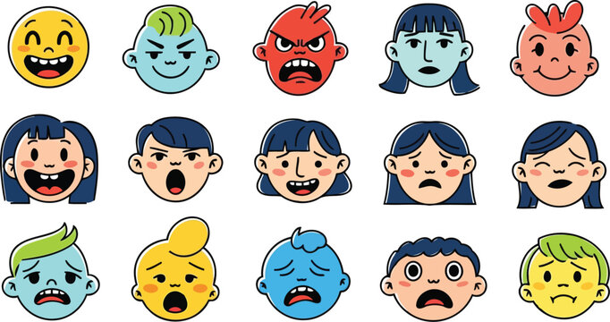 Cute character profiles displaying diverse feelings and sentiments