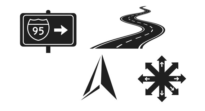 Road Sign, Winding Road, Compass Rose, Arrows: Navigation and Direction Concept