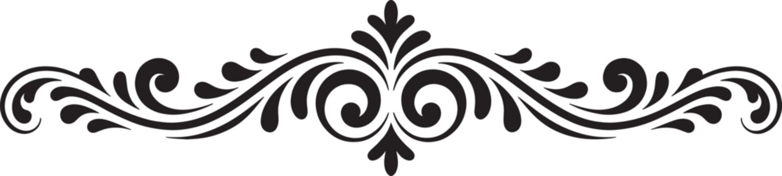 Black decorative flourish with swirling scrollwork and leaf motifs, centered and symmetrical on a white background