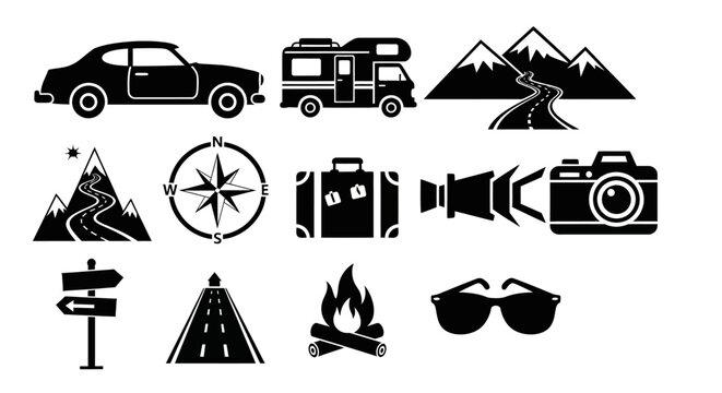 Travel and Adventure Icons: Car, RV, Mountains, Compass, Luggage, Camera, Sunglasses, Campfire