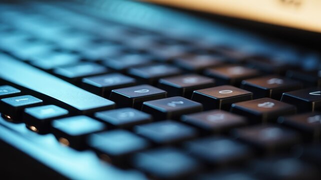 Close-up of a black computer keyboard in dim blue light