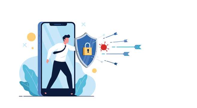 Professional man emerging from smartphone screen holding a shield with a padlock to block incoming arrows and viruses.