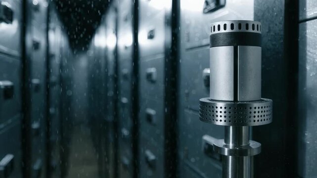 Medium view of multisensor module tracking humidity and airborne particles near locked safety deposit boxes currency details out of focus.