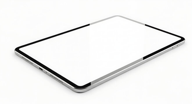 Perspective view of a silver tablet mockup with a blank white screen isolated on a clean white background.