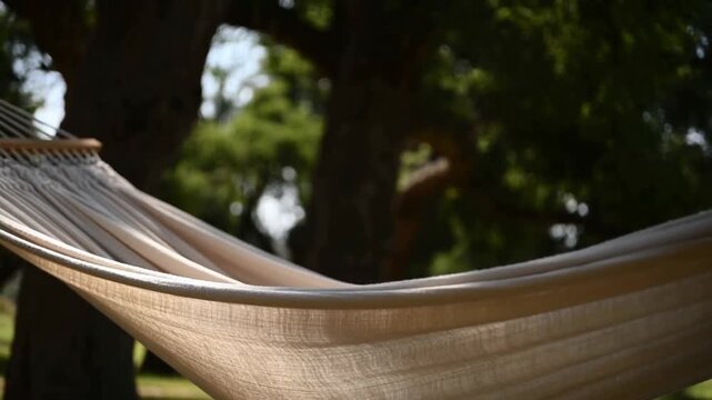 A super slow motion shot of a linen hammock swaying gently in dappled tree shade with sunlight gliding on the fabric, evoking meditative summer relaxation and slow living