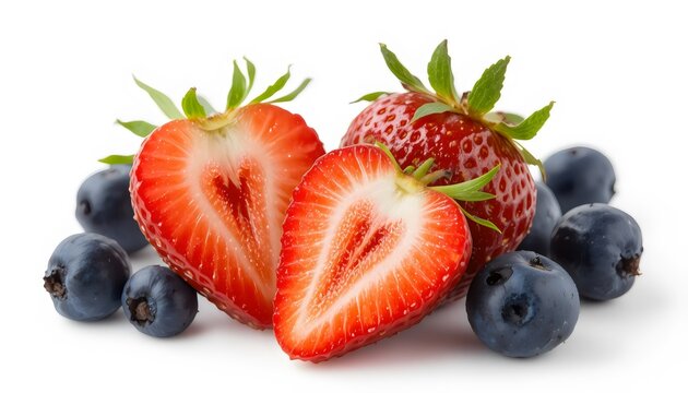 Whole and Half White Strawberry Pineberry with Leaf Isolated on White Background, Healthy Food Collection, Fresh Organic Fruit
