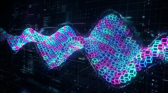 Abstract digital wave of glowing neon cubes, futuristic data visualization, 3d render of network technology and information flow on dark background