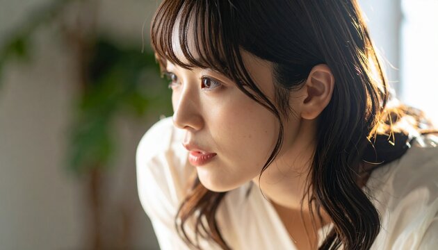 好奇心を持って前傾みになる日本人女性の横顔