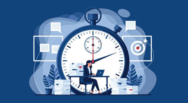 Focused businesswoman works at a desk in front of a giant stopwatch symbolizing tight deadlines and effective time management skills.