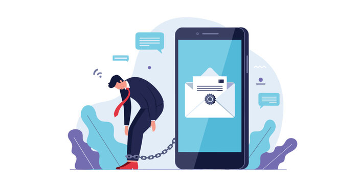 Exhausted office worker chained to a giant smartphone with an email notification showing the burden of digital communication stress.