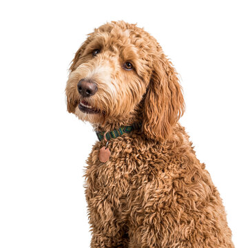 Curious goldendoodle puppy, with its distinctive curly coat, sitting and tilting its head on a transparent background.