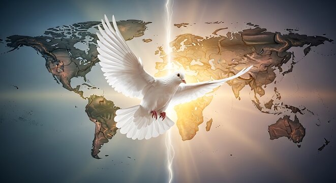 A white dove flies over a world map with a bright light shining through.