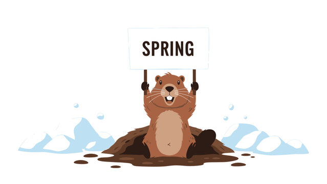 Groundhog coming out of its burrow in the snow holding a sign that says SPRING, celebrating Groundhog Day and the arrival of warmth.