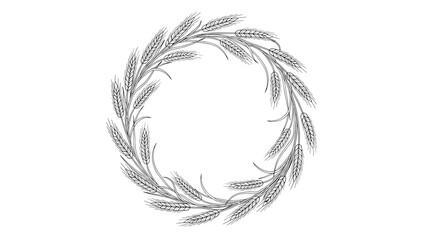 Fototapeta premium Circle frame or wreath design made of detailed wheat ears and stalks in line art style, symbolizing harvest, bread, and agriculture.
