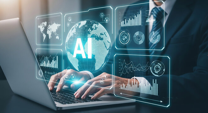 AI-Powered Solutions for Business: A businessperson leverages cutting-edge AI technology, interacting with global data streams through a digital interface.