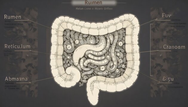 Scientific Diagram of Ruminant Digestive System Showing Rumen, Reticulum, Omasum, and Abomasum, Educational Biology Illustration with Arrows