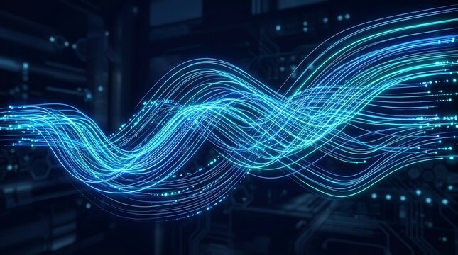 Abstract digital data stream with glowing blue light trails and fiber optic lines moving through a dark technological background representing highspeed internet and network connectivity