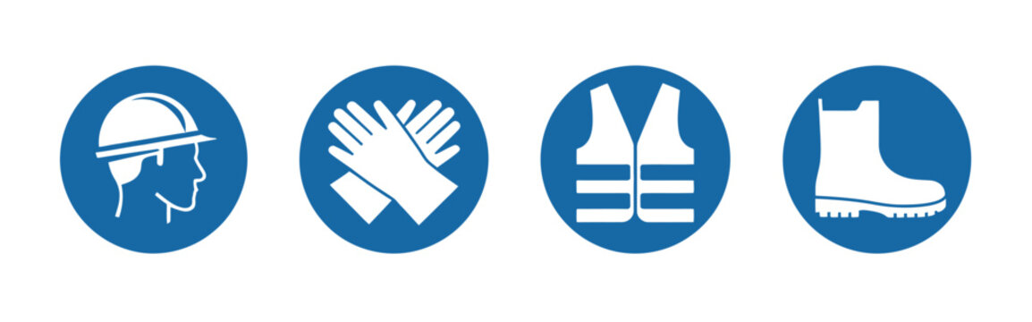 PPE required caution sign, personal protective equipment icons set for industry and construction working areas, featuring isolated vector symbols such as helmets, gloves, goggles, masks, 