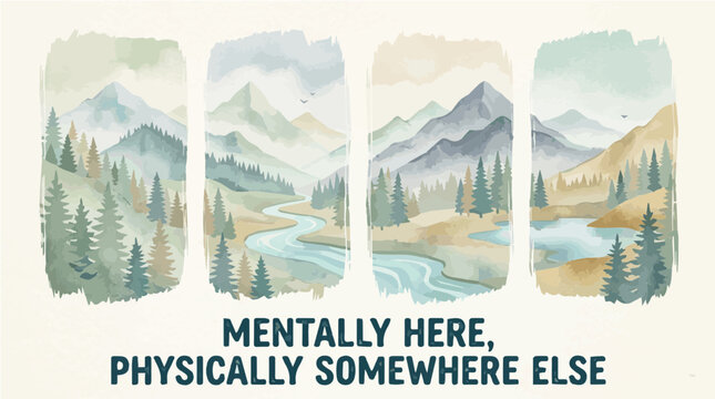 Tranquil Watercolor Landscape Panels with Mountains, Forests, and Rivers, Accented by Text "MENTALLY HERE, PHYSICALLY SOMEWHERE ELSE"