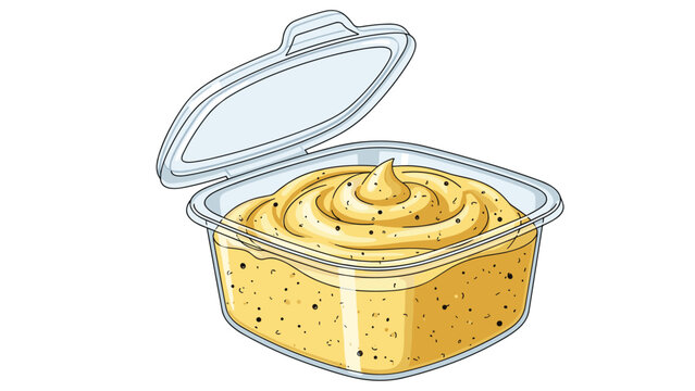 Plastic container filled with grainy yellow mustard or savory spread, showing texture and detail for food-related imagery.