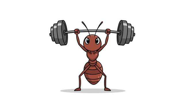 Strong cartoon ant character lifting a heavy barbell over its head, representing strength, determination, and hard work.