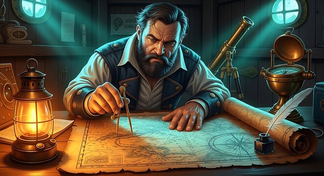 A bearded 19th century cartographer working on a vintage nautical map in a dimly lit ship cabin.