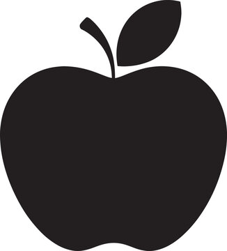 Black Silhouette of an Apple with a Stem and Leaf on a White Background