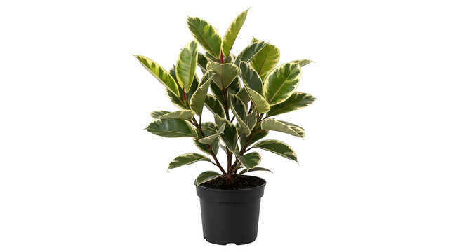 Variegated ficus elastica rubber plant in a black pot isolated on transparent background