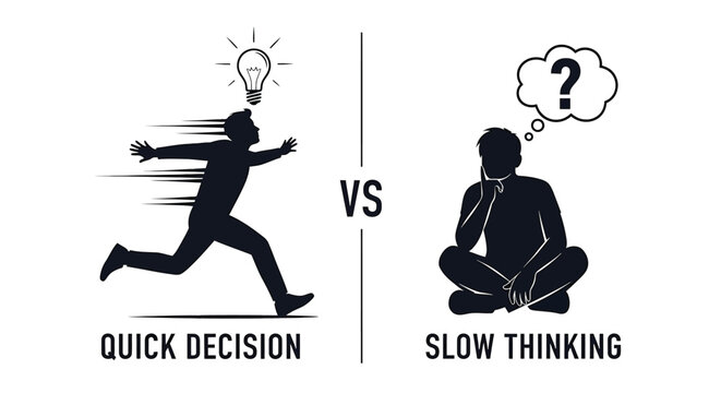 Quick decision vs slow thinking concept illustration, silhouette of a running person with a lightbulb and a sitting person with a question mark