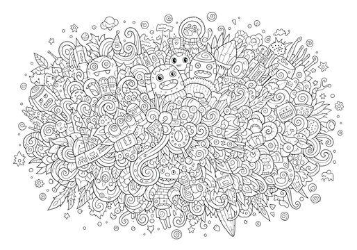 Cartoon vector handdrawn doodles, abstract illustration with many objects and shapes funny monsters and characters