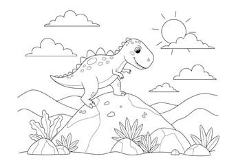 Cute cartoon dinosaur standing on a rock in a prehistoric landscape, coloring page for children, simple vector illustration with mountains, sun, and clouds in the background © Hikari Vector Studio