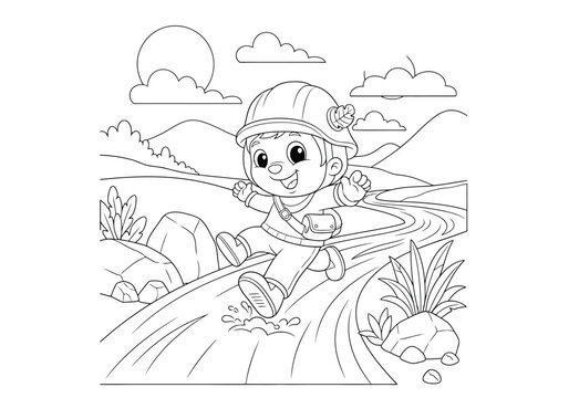 Cute cartoon boy explorer wearing a helmet and a bag, jumping in a puddle on a path in the countryside, coloring page for kids