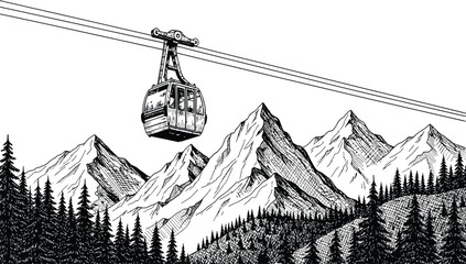 Vintage Hand Drawn Vector Sketch of a Cable Car Gondola Over Majestic Mountain Peaks and Pine Forest for Winter Tourism and Alpine Travel Branding © ΠISH4N I5L4M