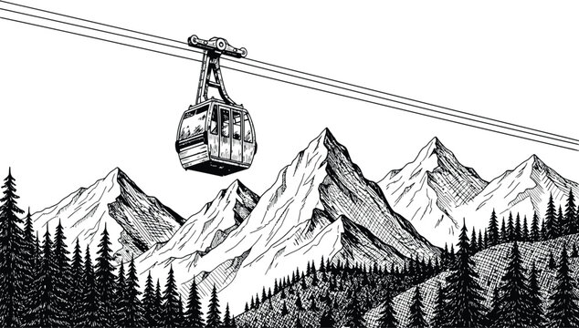 Vintage Hand Drawn Vector Sketch of a Cable Car Gondola Over Majestic Mountain Peaks and Pine Forest for Winter Tourism and Alpine Travel Branding