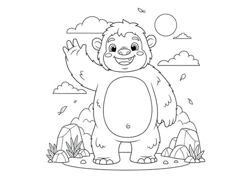 Cute cartoon yeti waving hand, friendly bigfoot character, happy monster in nature landscape, coloring page for kids, vector illustration