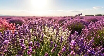 Obraz premium Beautiful lavender field in full bloom at golden hour.
