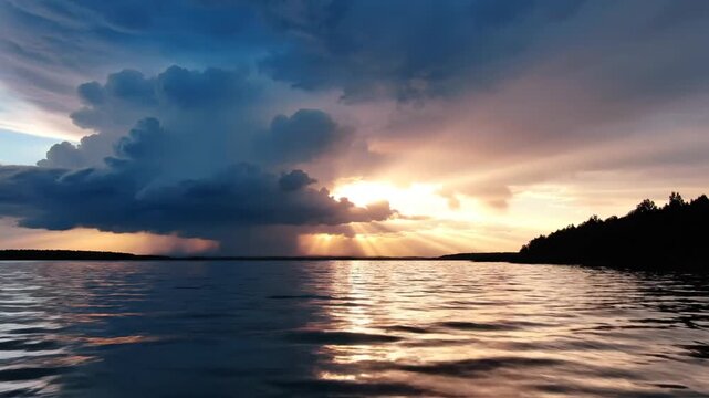 Stormy sunset over water.